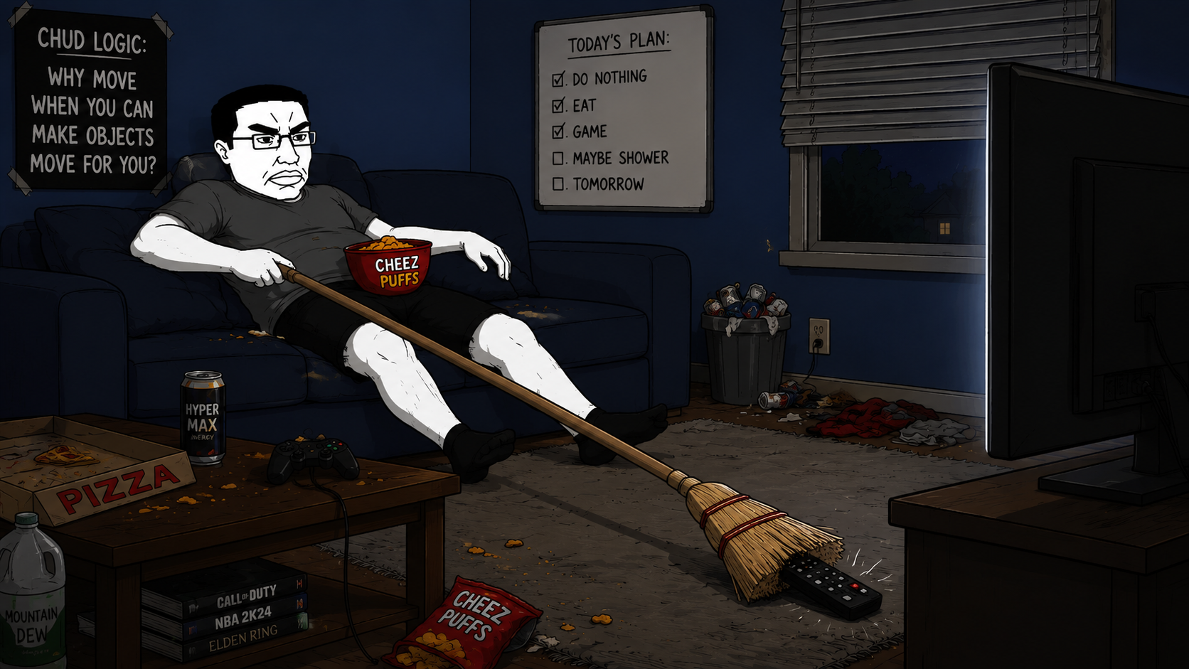 Chud on the couch using a broom to reach the TV remote
